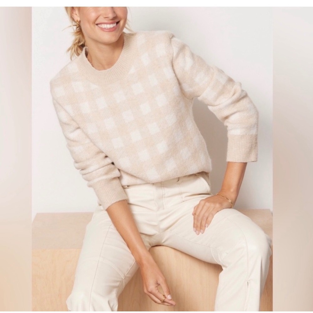 Evereve‎ Checkered Sweater Beige Cream Cozy Knit Long Sleeve XS